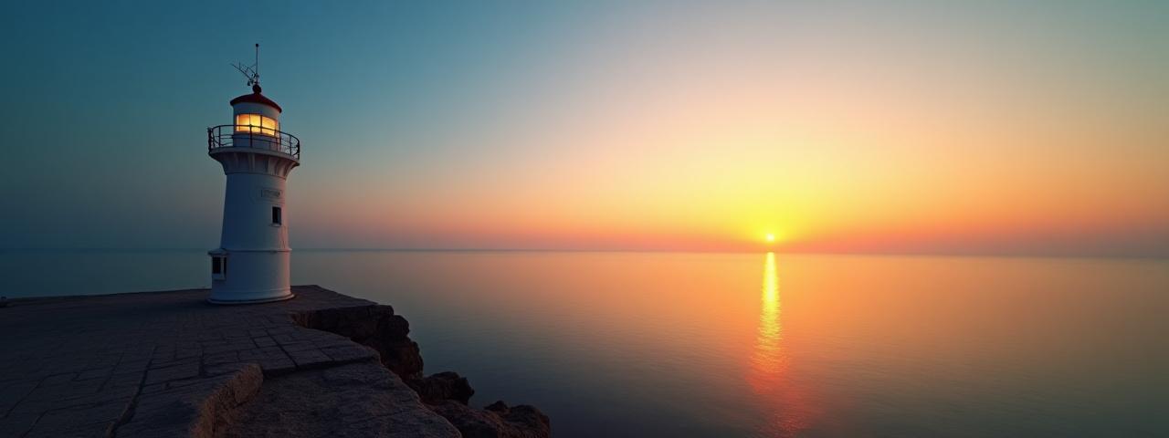 Aktau lighthouse overlooking the Caspian Sea at sunrise, symbolizing guidance and connection